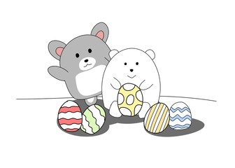 abstract hand draw white bear and rabbit with easter eggs cartoon design isolate on white background, vector, illustration