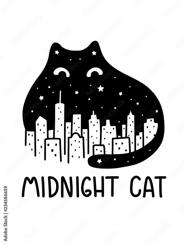 Wall mural A Cartoon Vector Outline Drawing Of Black Midnight Sky Cat Watching Over The City Skyline