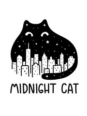 A Cartoon Vector Outline Drawing Of Black Midnight Sky Cat Watching Over The City Skyline