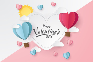 Happy valentine's day with balloon heart, sun and clouds. Paper cut style. Vector illustration