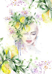 watercolor image of a woman, verbena lemons.