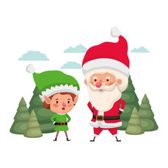 santa claus with elf moving with christmas trees