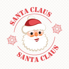Christmas round sign with a cute Santa Claus face with snowflakes and text,