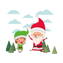 santa claus with elf moving with christmas trees