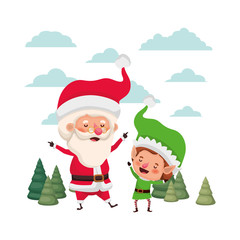 santa claus with elf moving with christmas trees