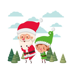 santa claus with elf moving with christmas trees