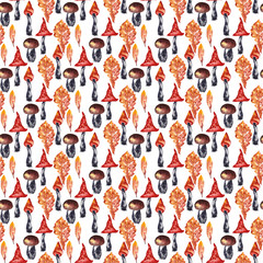 Autumn seamless pattern. Watercolor mushrooms and yellow leaves on white background.