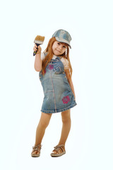 Little painter. Adorable girl with a paint brush and paint can. Isolated on white background.