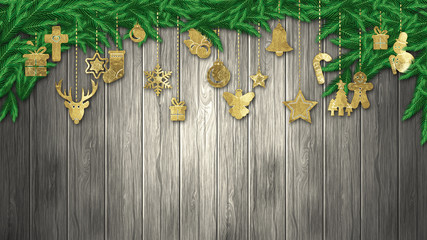 Christmas background with decoration on dark wooden board. Christmas top view with text space.