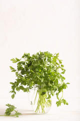 Fresh parsley leaves from the garden in the glass. White background