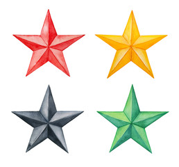 Collection of various five-pointed stars. Gold, bright red, black, green colors; top view. Hand painted watercolour graphic illustration on white, cutout clip art elements for design and decoration.