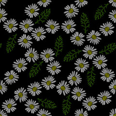 Embroidery floral seamless pattern with camomile. Fashion vector illustration on black background for textile design