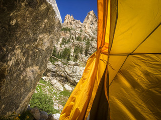 Yellow Backpacking Tent in the Mountains