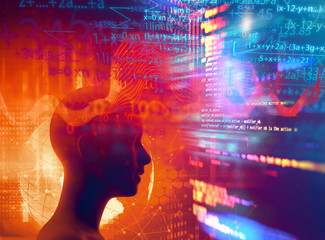 silhouette of virtual human on brain delta wave form 3d illustration