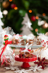 Christmas and New year gifts and baskets with sweets, alcohol, chocolate and cookies