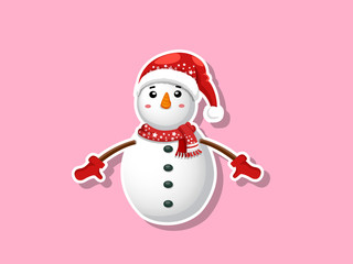 Vector cartoon Snowman Sticker. Merry Christmas and happy new year. decorative element on holiday. Greeting card design, posters, gift tags and labels.