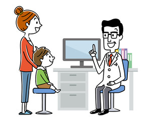 診察：男性医師と母親と男の子
