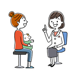 診察：女性医師と母親と赤ちゃん
