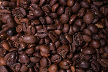 Fresh roasted natural coffee beans close up top down. Variety of shades.