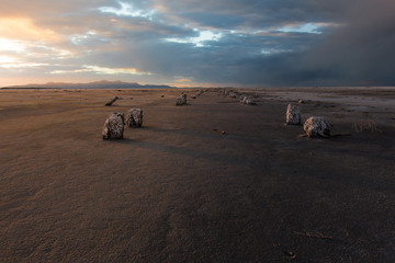 Fototapeta na wymiar A dried-up lakebed at sunset with remnants of wood pylons coming out of the ground