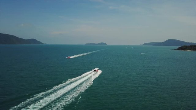 phuket island sunny day motor boat ride aerial panorama 4k thailand
