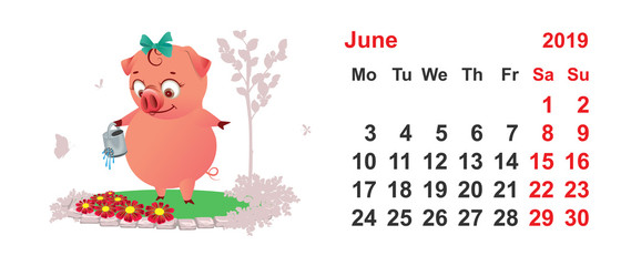 Calendar 2019 june grid template. Pig watering flowers