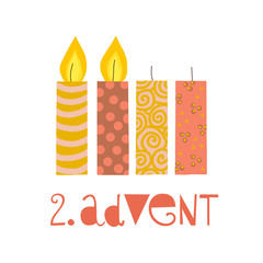 Two burning advent candles vector illustration. Second sunday in advent. Zweiter Advent german text. Flat Holiday design with candles on white background. For greeting Holiday cards, poster, Christmas