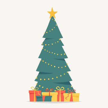 Festive vector cartoon decorated Christmas tree with gifts. Christmas tree decorated with yellow garland. Vector illustration isolated on white background in a flat style