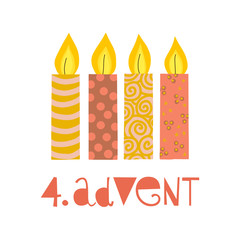 Four burning advent candles vector illustration. Fourth sunday in advent. 4. Advent german text. Flat Holiday design with candles on white background. For greeting Holiday card, poster, Christmas