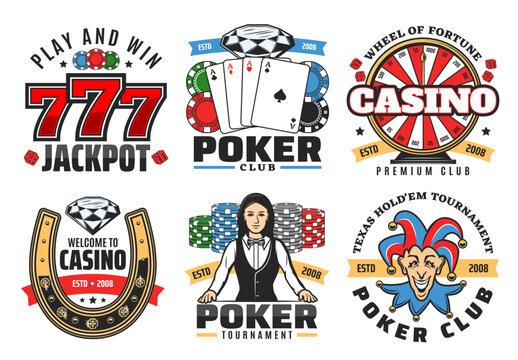 Casino poker game, jackpot gambling vector icons