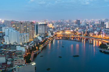Fototapeta na wymiar Aerial skyline view of Hanoi. Hanoi cityscape at twilight at Thanh Cong lake, Ba Dinh district