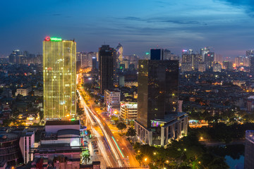 Fototapeta na wymiar Aerial skyline view of Hanoi. Hanoi cityscape at twilight at Lang Ha street, Ba Dinh district