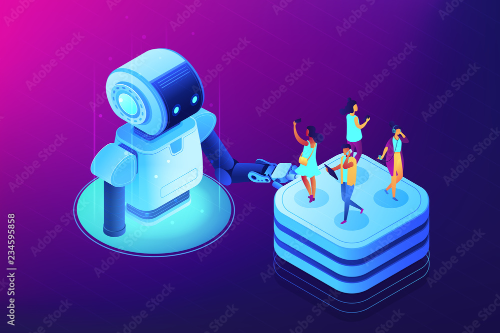 Poster robot touching server with users with mobile gadgets on it. social media automation tools, marketing