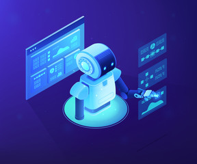 Modern robot working with analytics data pie charts and graphs. Bot marketing, automated data analysis, automated data collection concept. Ultraviolet neon vector isometric 3D illustration.
