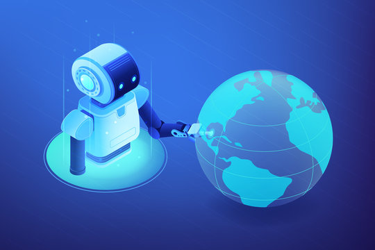 Huge robot touching Earth globe with finger. Robotics network, international robot exhibition, fourth industrial revolution and ai concept. Ultraviolet neon vector isometric 3D illustration.