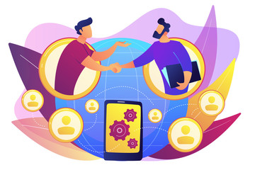 Businessmen handshaking through smartphone. Mobile collaboration, collaborative tools and mobile teamwork, mobile and innovative networking concept. Bright vibrant violet vector isolated illustration