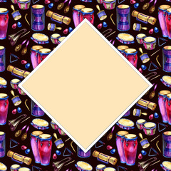 Watercolor rhombus frame made of music percussion accessories.