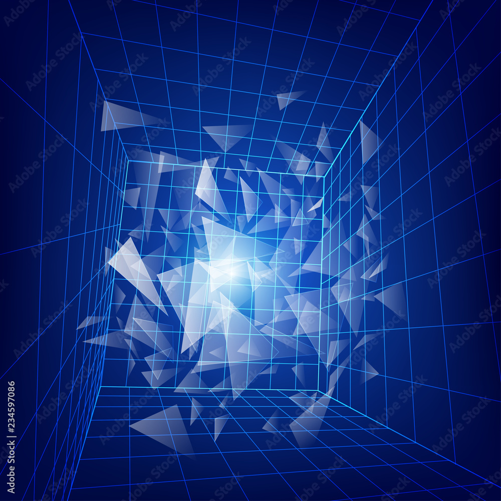 Poster 3d wireframe grid in dimension, abstract technology background