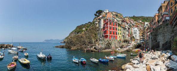Panoramic view of the harbour at Riomaggiore, one of the famous Cinque Terre villages