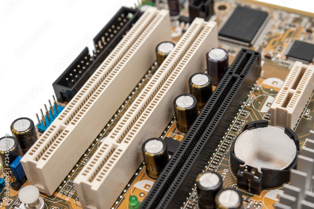 Poster electronic collection - digital components on computer motherboard with pci connector