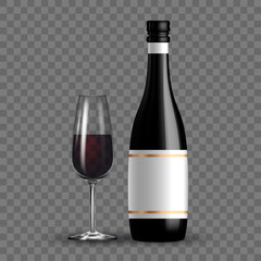 Vector dark bottle and glass set template. Empty label for packaging design.