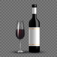 Vector dark bottle and glass set template. Empty label for packaging design.