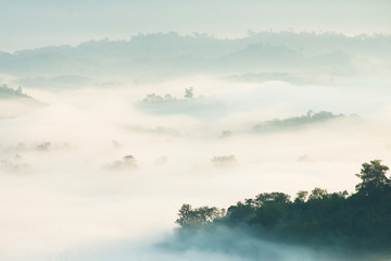 Obraz na płótnie Canvas Landscape photo during sunrise and fog over Mekong river at the early morning ,shooting from the top of the mountain called Phu-Huay-Esan hill located in Amphoe Sangkom, Nongkhai province,Thailand.