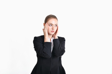 Business concept. Young business people feel tired in their work. Young businesswoman suffering from eyestrain