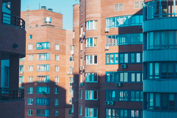 Apartment house. Skyscraper. Close up.  Civil engineering. Urban landscape.