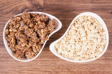 Oat flakes and granola with chocolate as source iron and fiber, healthy snack concept