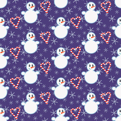 Cute Christmas pattern with snowman, candy canes and snowflakes