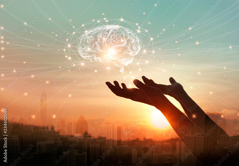 Aufkleber Abstract palm hands touching brain with network connections, innovative technology in science and communication concept