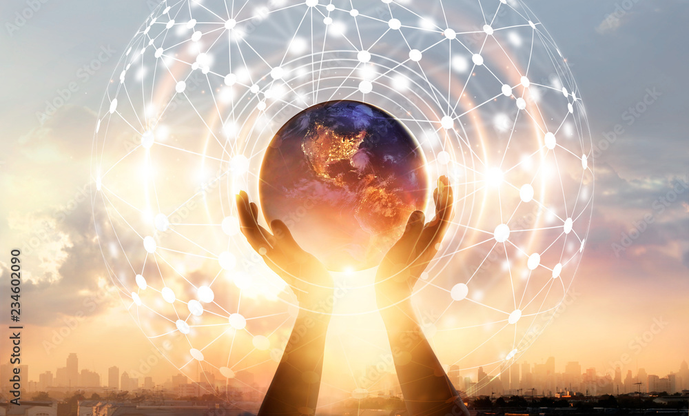 Aufkleber Abstract science. Hands touching earth and circle global network connection, data exchanges.  Innovation. Creative and inspiration. Idea and imagination. Networking and technology concept .