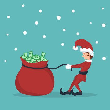Christmas card of leprechaun pulling bag full of money